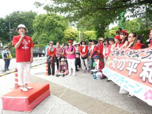 女の平和国会ヒューマンチェーン。国会正門前でアピールする、大河原まさこさん（前参議院議員／元東京・生活者ネットワーク代表委員）。6月4日